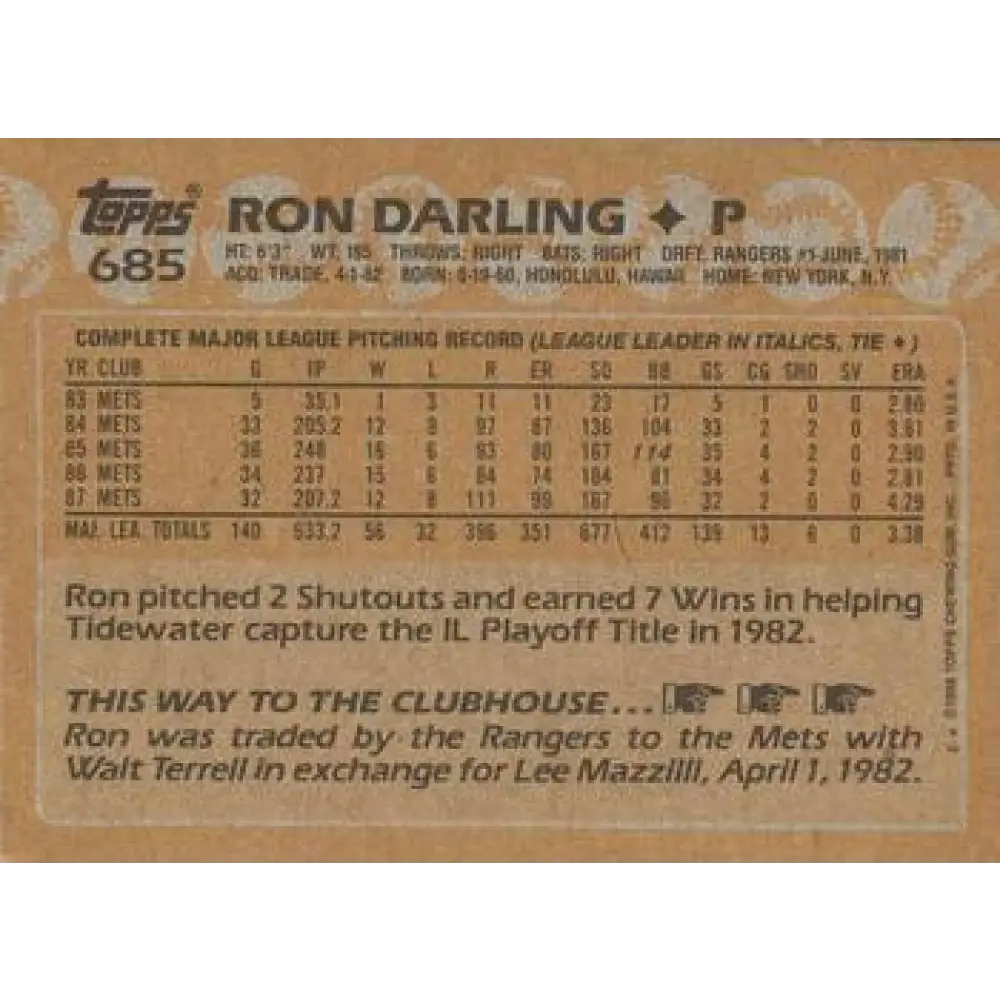 1988 Topps #685 Ron Darling NM-MT New York Mets Baseball Card  Image 2