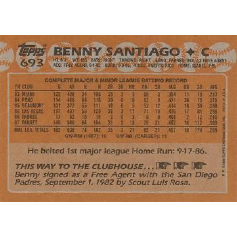 1988 Topps #693 Benito Santiago NM-MT San Diego Padres Baseball Card  Image 2