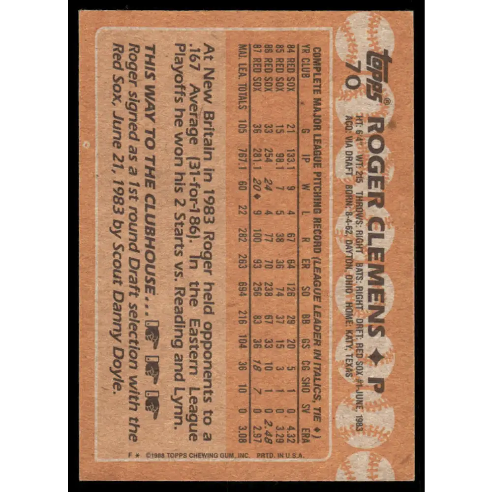 1988 Topps #70 Roger Clemens EX/NM Boston Red Sox Baseball Card Image 2