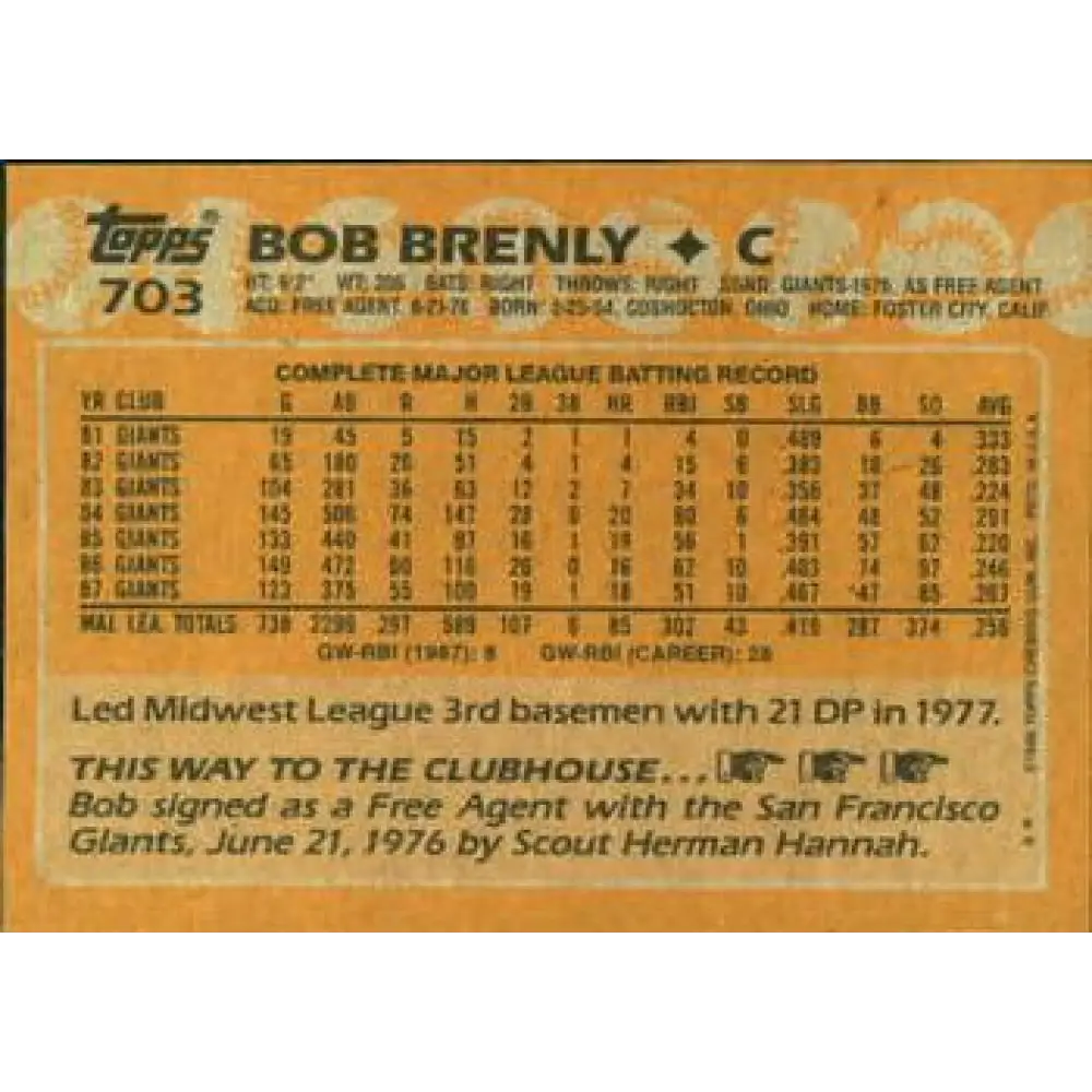 1988 Topps #703 Bob Brenly NM-MT San Francisco Giants Baseball Card  Image 2