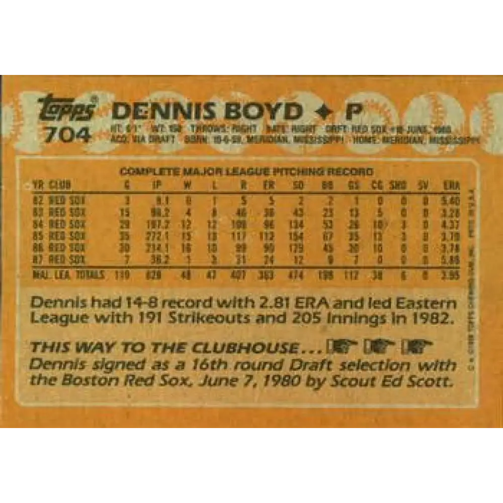 1988 Topps #704 Oil Can Boyd NM-MT Boston Red Sox Baseball Card  Image 2
