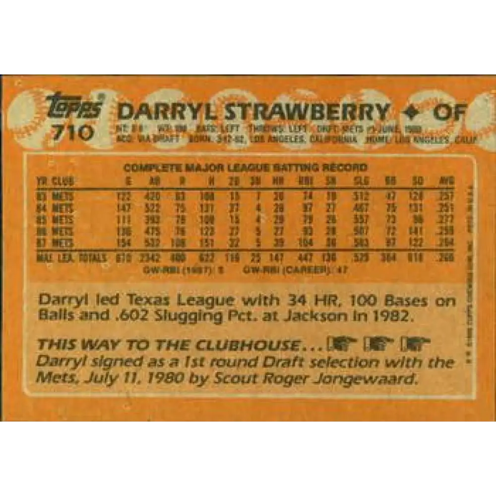 1988 Topps #710 Darryl Strawberry NM-MT New York Mets Baseball Card  Image 2