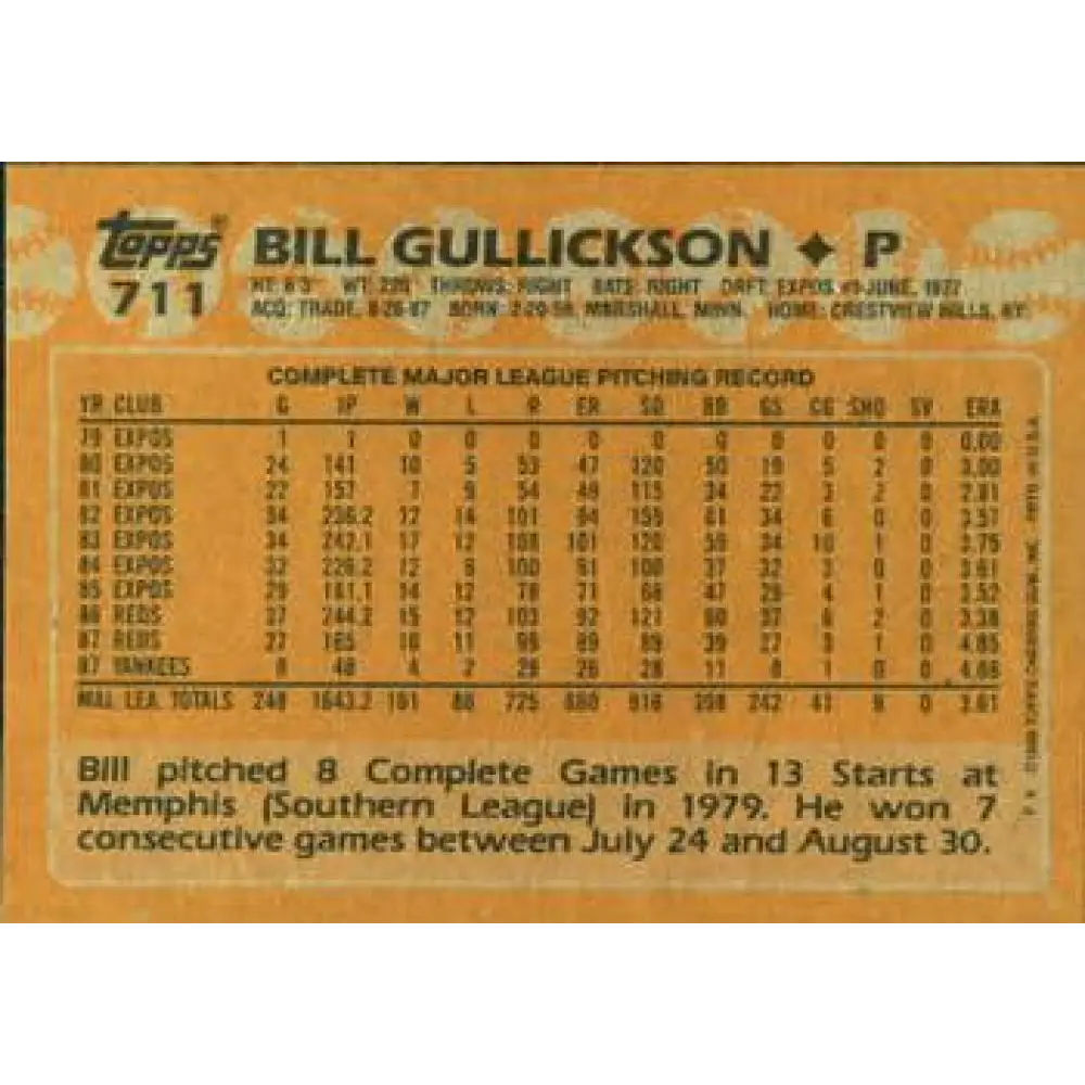 1988 Topps #711 Bill Gullickson NM-MT New York Yankees Baseball Card  Image 2