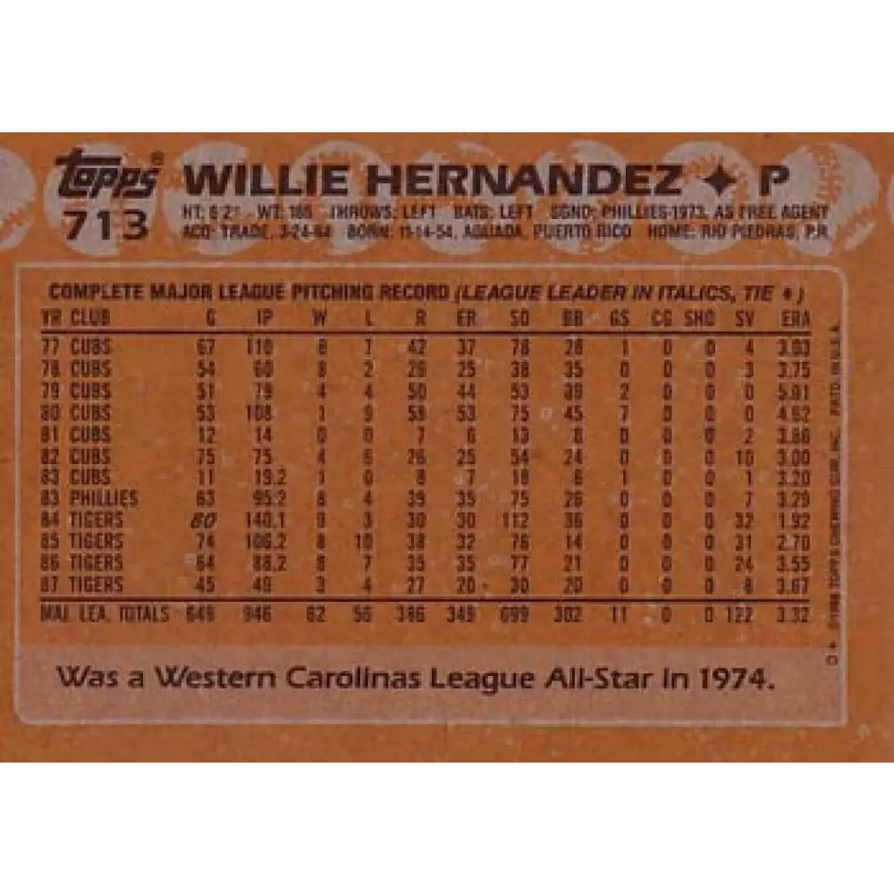 1988 Topps #713 Willie Hernandez NM-MT Detroit Tigers Baseball Card  Image 2