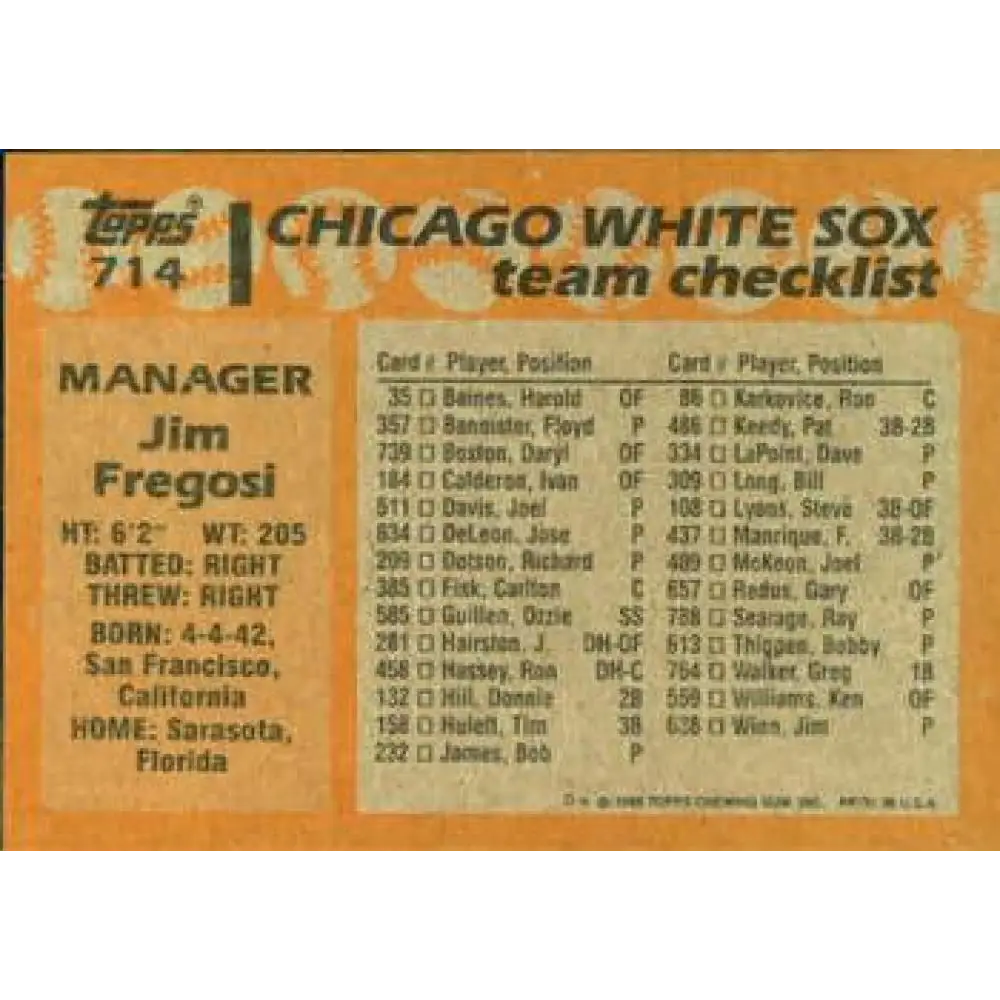 1988 Topps #714 Jim Fregosi NM-MT Chicago White Sox Baseball Card  Image 2