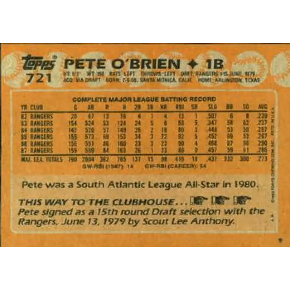 1988 Topps #721 Pete O'Brien NM-MT Texas Rangers Baseball Card  Image 2