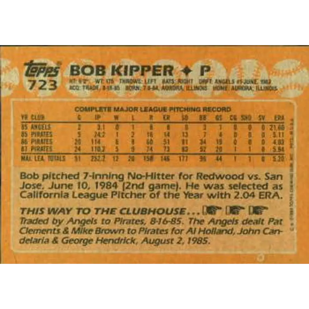 1988 Topps #723 Bob Kipper NM-MT Pittsburgh Pirates Baseball Card  Image 2