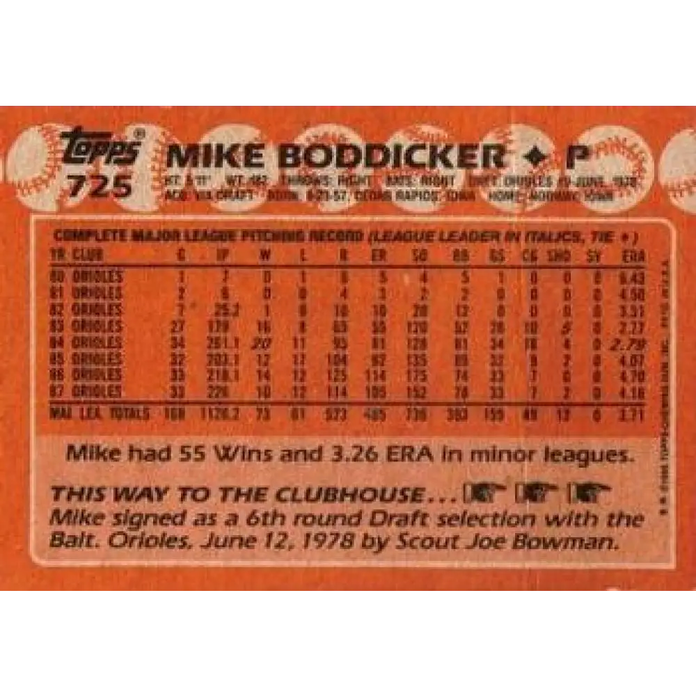 1988 Topps #725 Mike Boddicker NM-MT Baltimore Orioles Baseball Card  Image 2