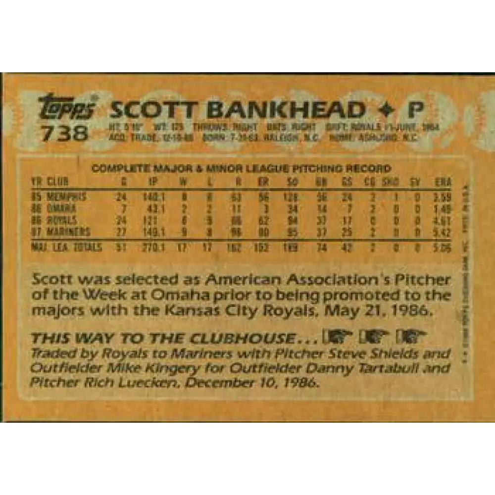 1988 Topps #738 Scott Bankhead NM-MT Seattle Mariners Baseball Card  Image 2
