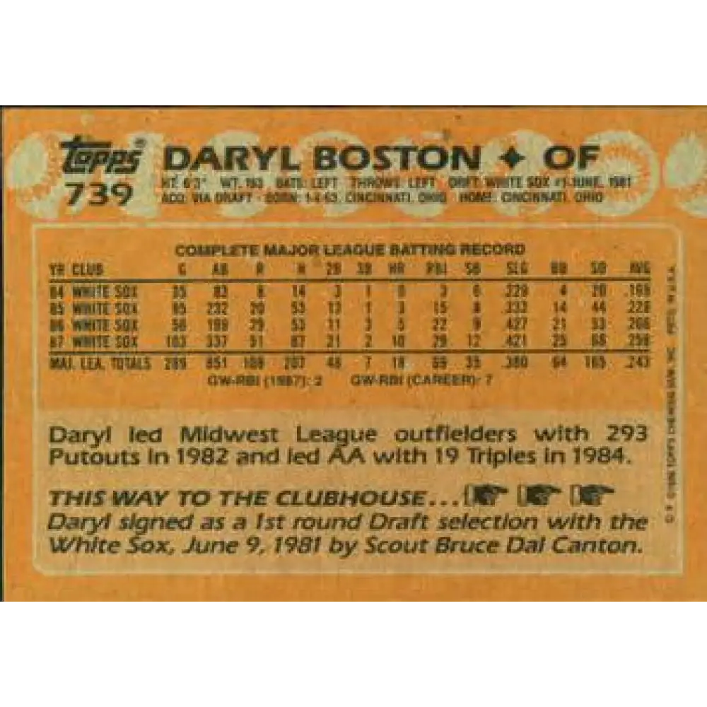 1988 Topps #739 Daryl Boston NM-MT Chicago White Sox Baseball Card  Image 2