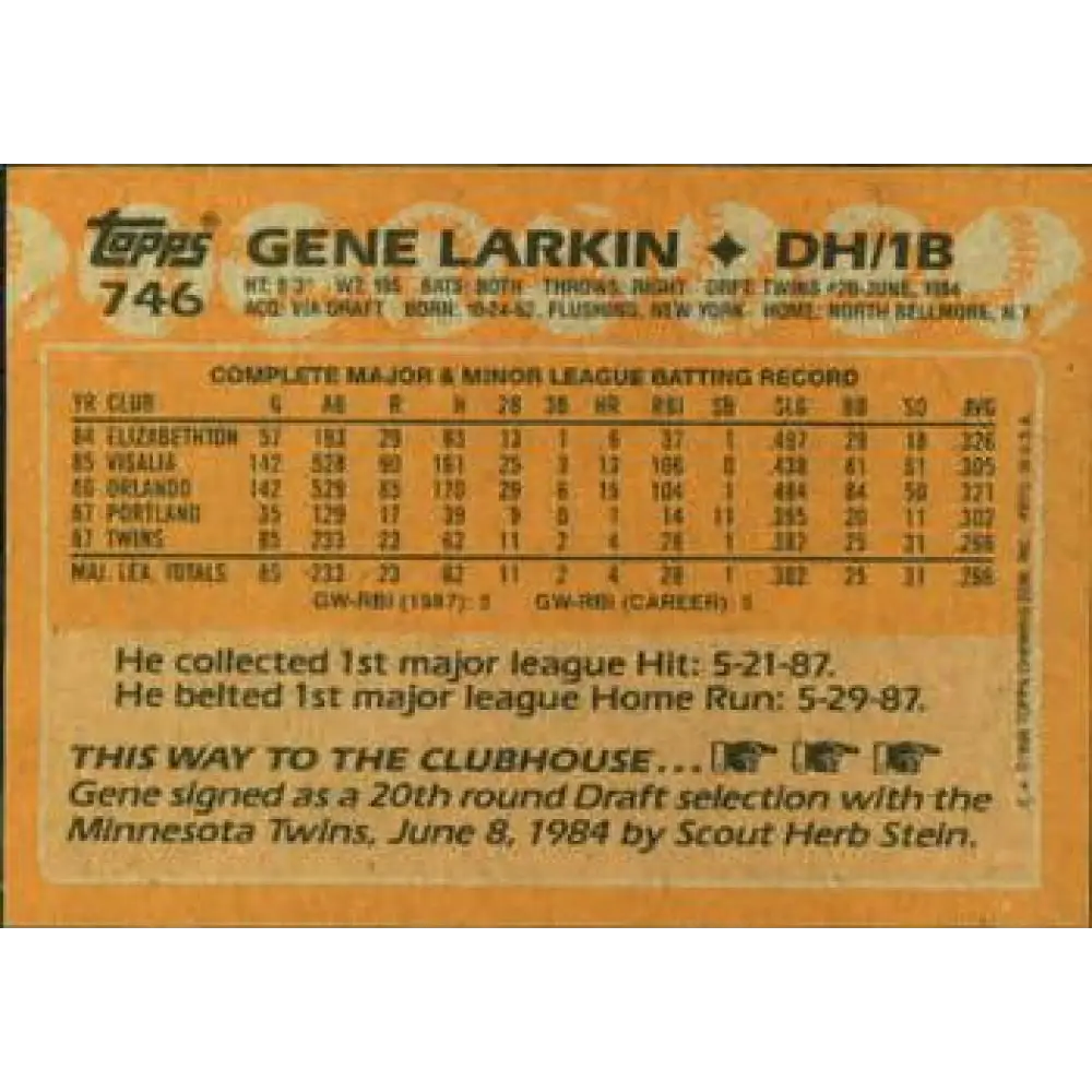 1988 Topps #746 Gene Larkin NM-MT RC Rookie Minnesota Twins Baseball Card  Image 2