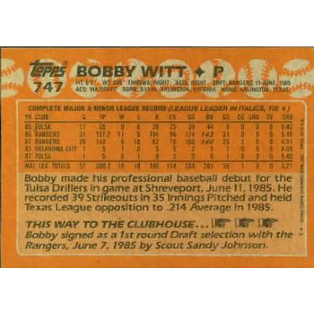 1988 Topps #747 Bobby Witt NM-MT Texas Rangers Baseball Card  Image 2