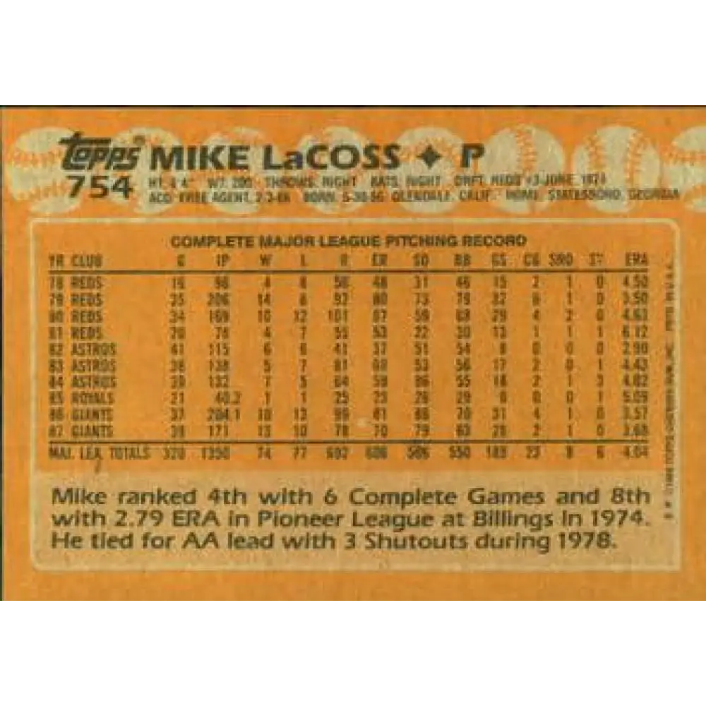 1988 Topps #754 Mike LaCoss NM-MT San Francisco Giants Baseball Card  Image 2