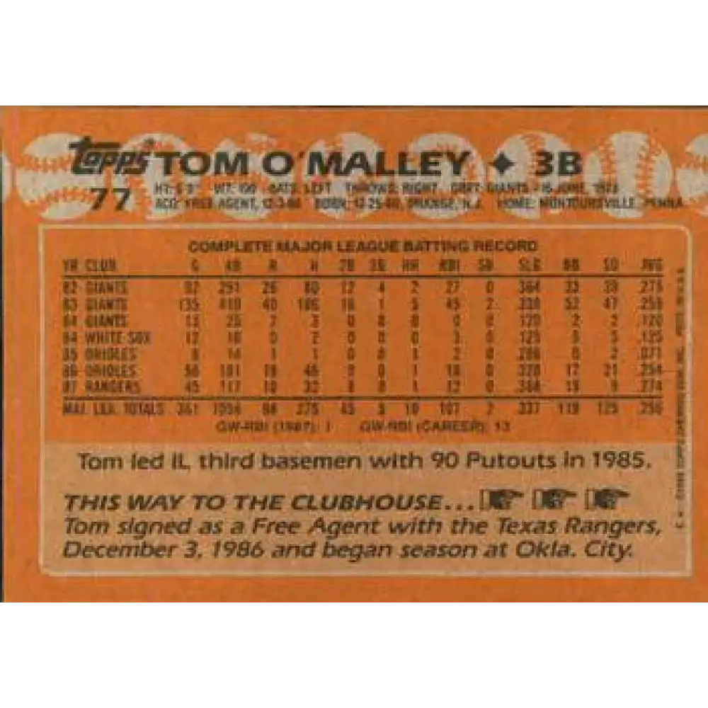1988 Topps #77 Tom O'Malley NM-MT Texas Rangers Baseball Card  Image 2