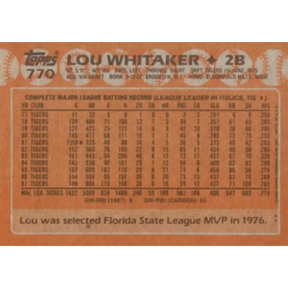 1988 Topps #770 Lou Whitaker NM-MT Detroit Tigers Baseball Card  Image 2