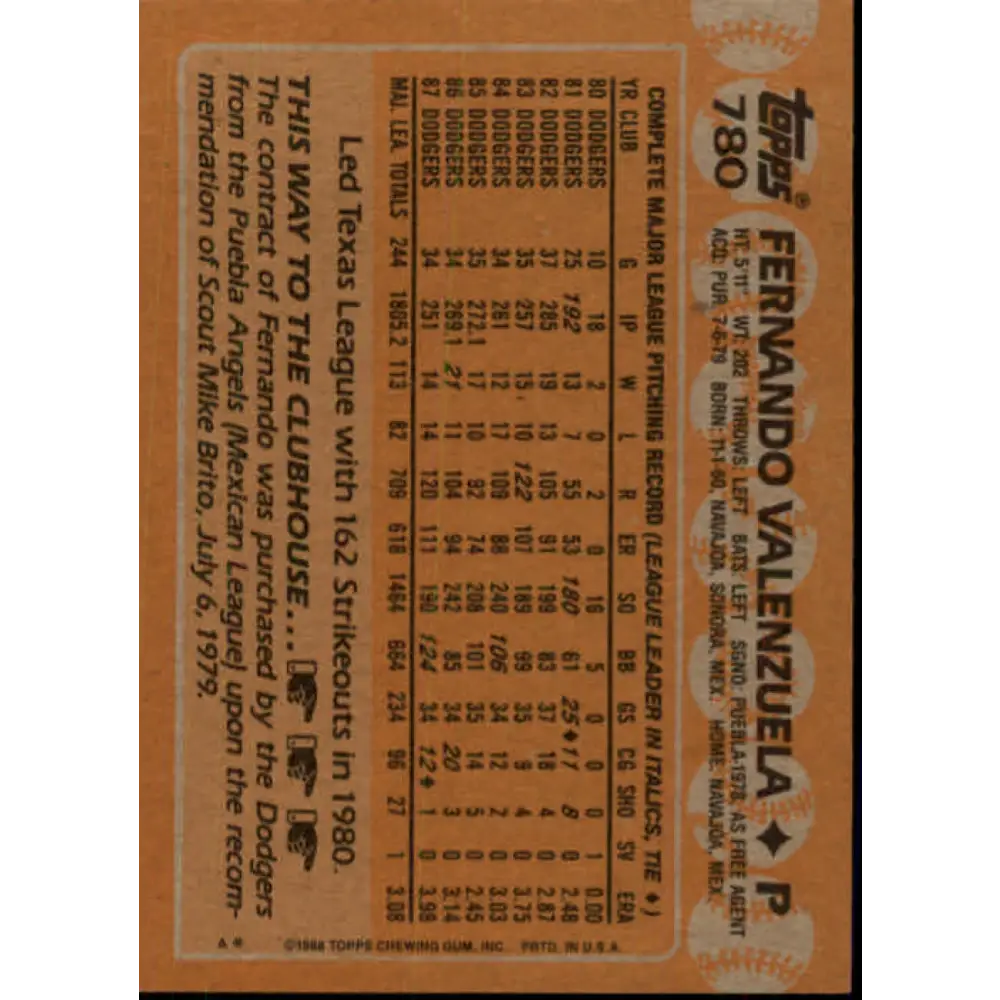 1988 Topps #780 Fernando Valenzuela NM-MT Los Angeles Dodgers Baseball Card  Image 2