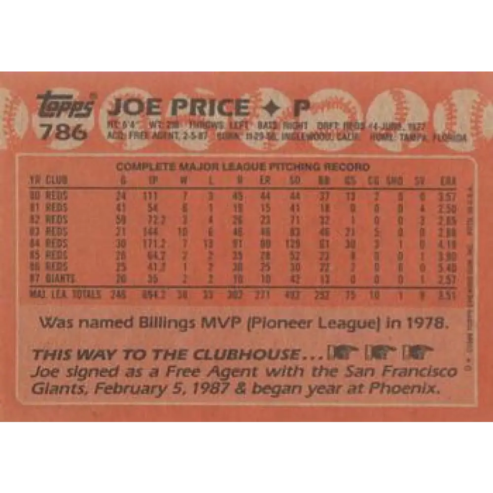 1988 Topps #786 Joe Price NM-MT San Francisco Giants Baseball Card  Image 2