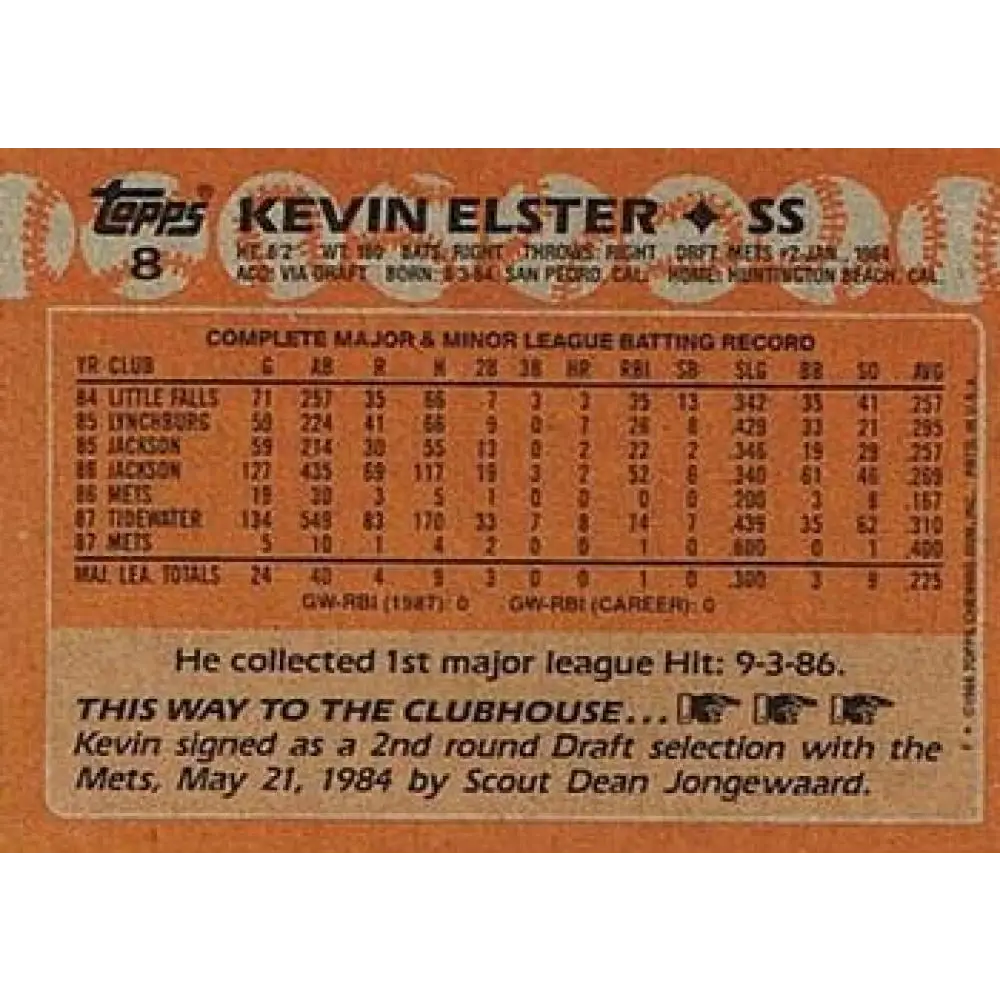 1988 Topps #8 Kevin Elster NM-MT New York Mets Baseball Card  Image 2