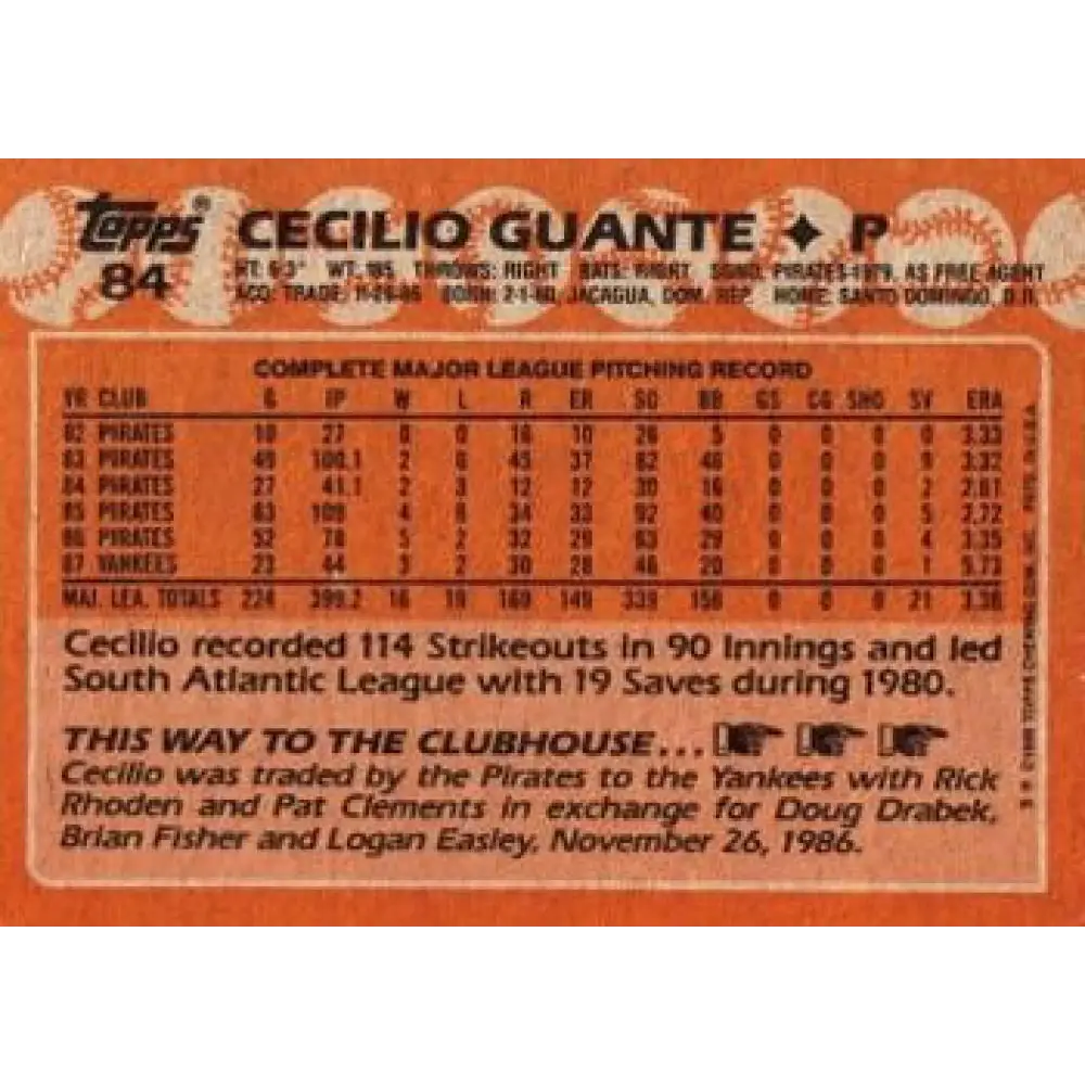1988 Topps #84 Cecilio Guante NM-MT New York Yankees Baseball Card  Image 2
