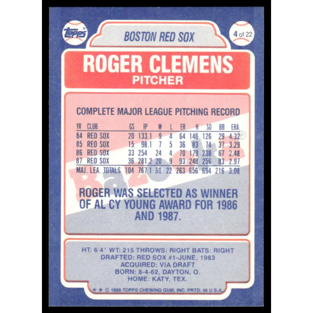1988 Topps Bazooka #4 Roger Clemens EX/NM Boston Red Sox Baseball Card Image 2