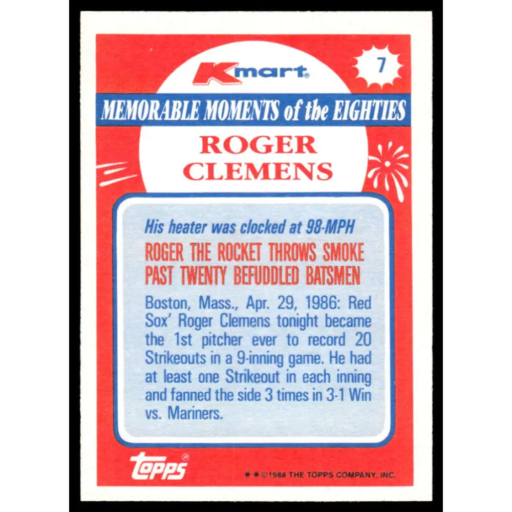 1988 Topps Kmart Memorable Moments #7 Roger Clemens EX/NM Boston Red Sox Baseball Card Image 2