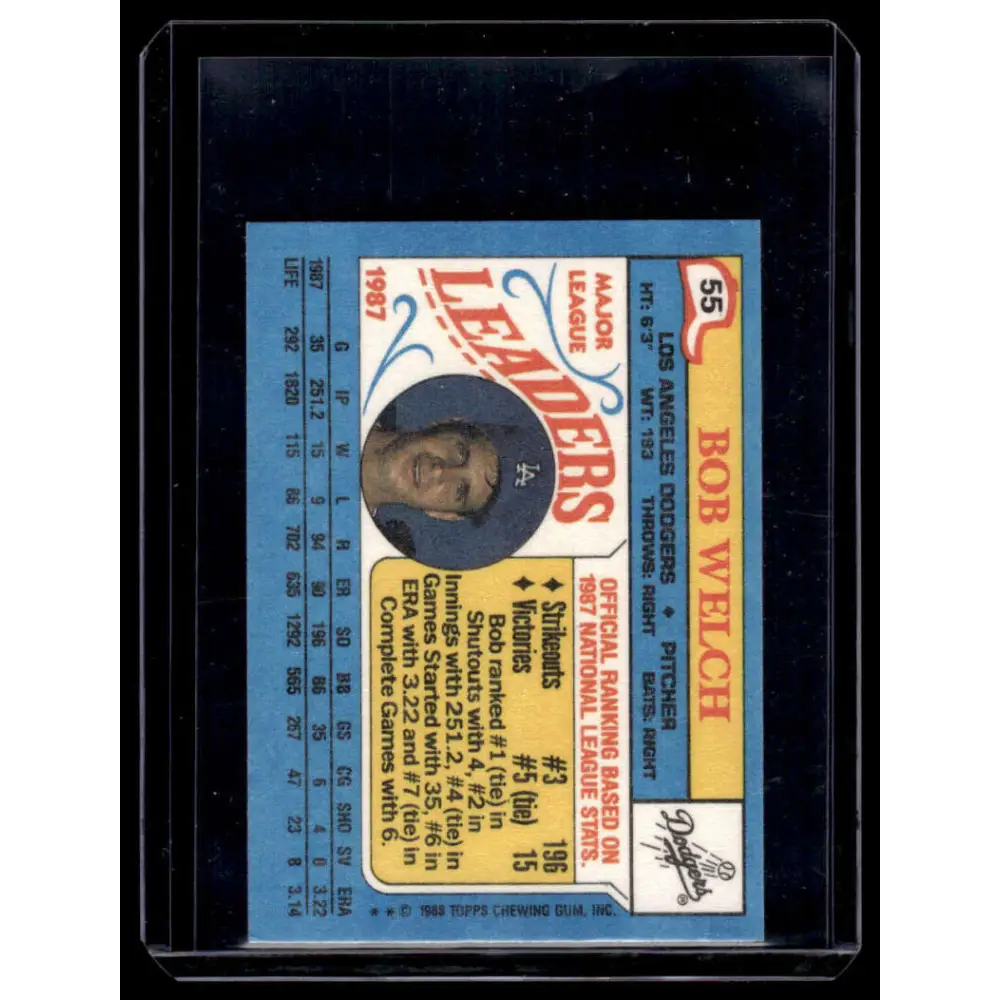 1988 Topps Major League Leaders Minis #55 Bob Welch Los Angeles Dodgers NM-MT Image 2