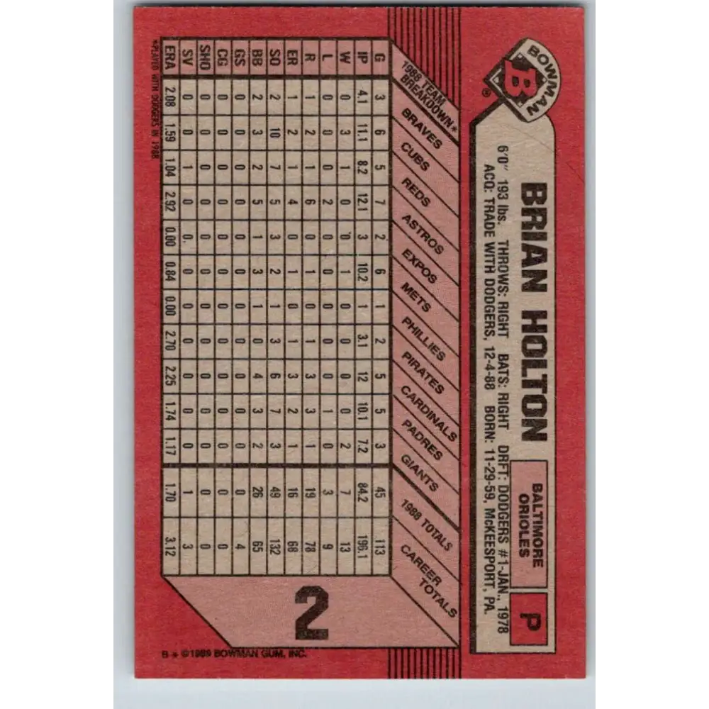 1989 Bowman #2 Brian Holton NM-MT Baltimore Orioles Baseball Card Image 2