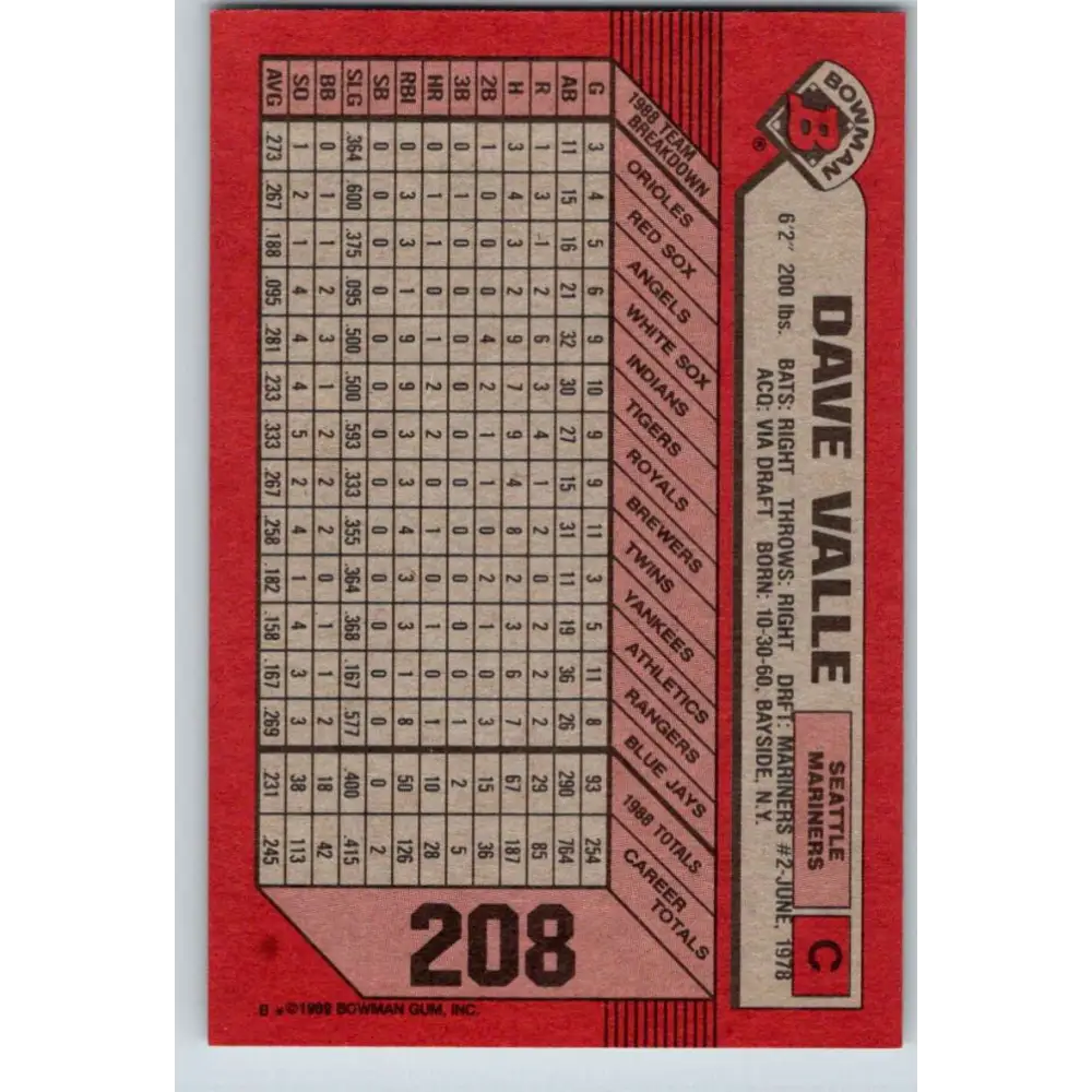 1989 Bowman #208 Dave Valle NM-MT Seattle Mariners Baseball Card Image 2