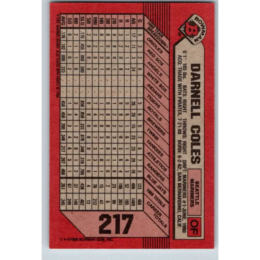 1989 Bowman #217 Darnell Coles NM-MT Seattle Mariners Baseball Card Image 2