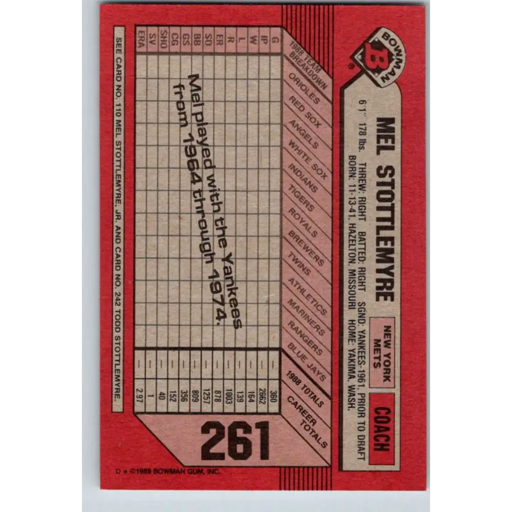 1989 Bowman #261 Mel Stottlemyre/Mel Stottlemyre Jr./Todd Stottlemyre NM-MT New York Mets Baseball Card Image 2