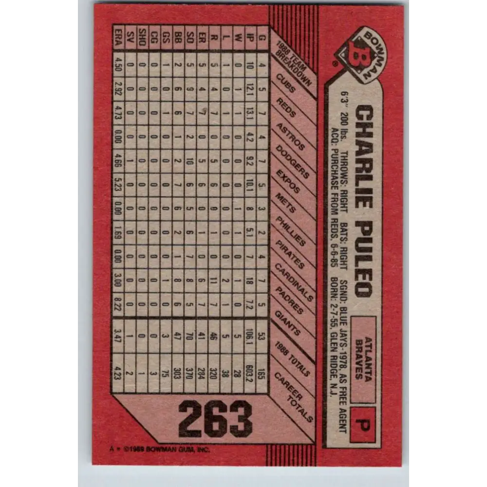1989 Bowman #263 Charlie Puleo NM-MT Atlanta Braves Baseball Card Image 2