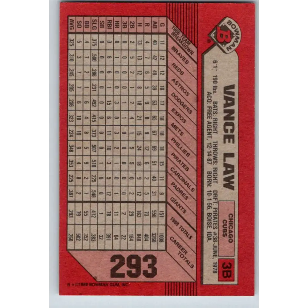 1989 Bowman #293 Vance Law NM-MT Chicago Cubs Baseball Card Image 2
