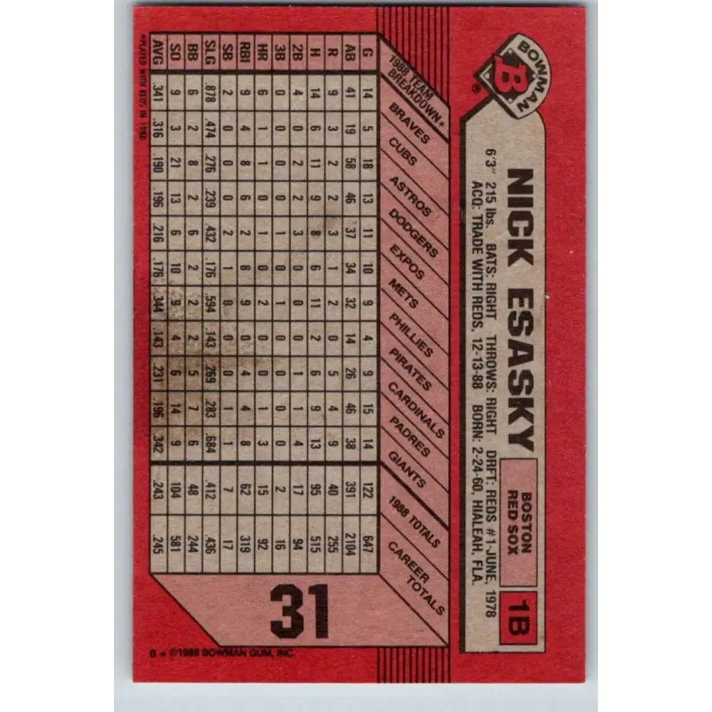 1989 Bowman #31 Nick Esasky NM-MT Boston Red Sox Baseball Card Image 2