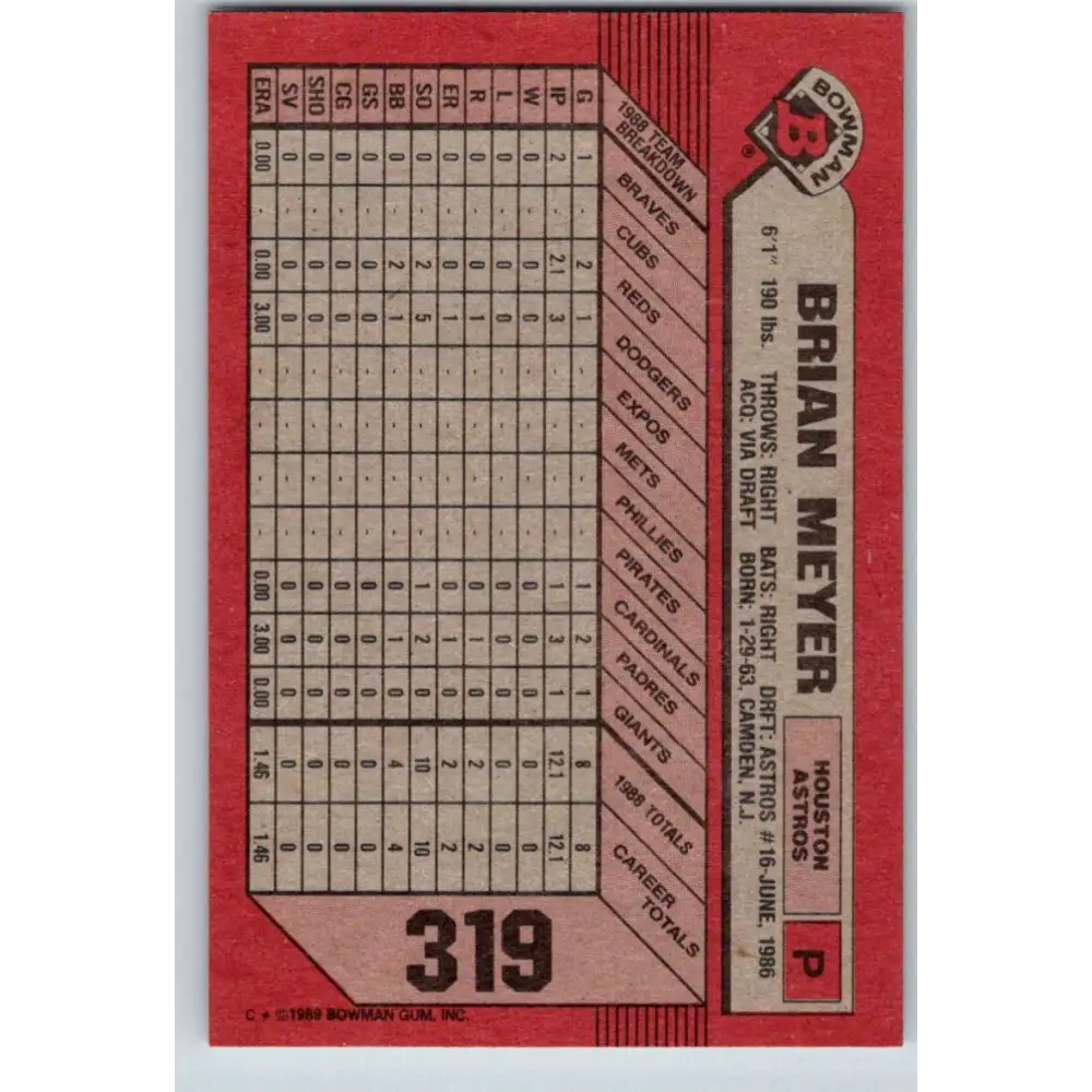 1989 Bowman #319 Brian Meyer NM-MT RC Rookie Houston Astros Baseball Card Image 2