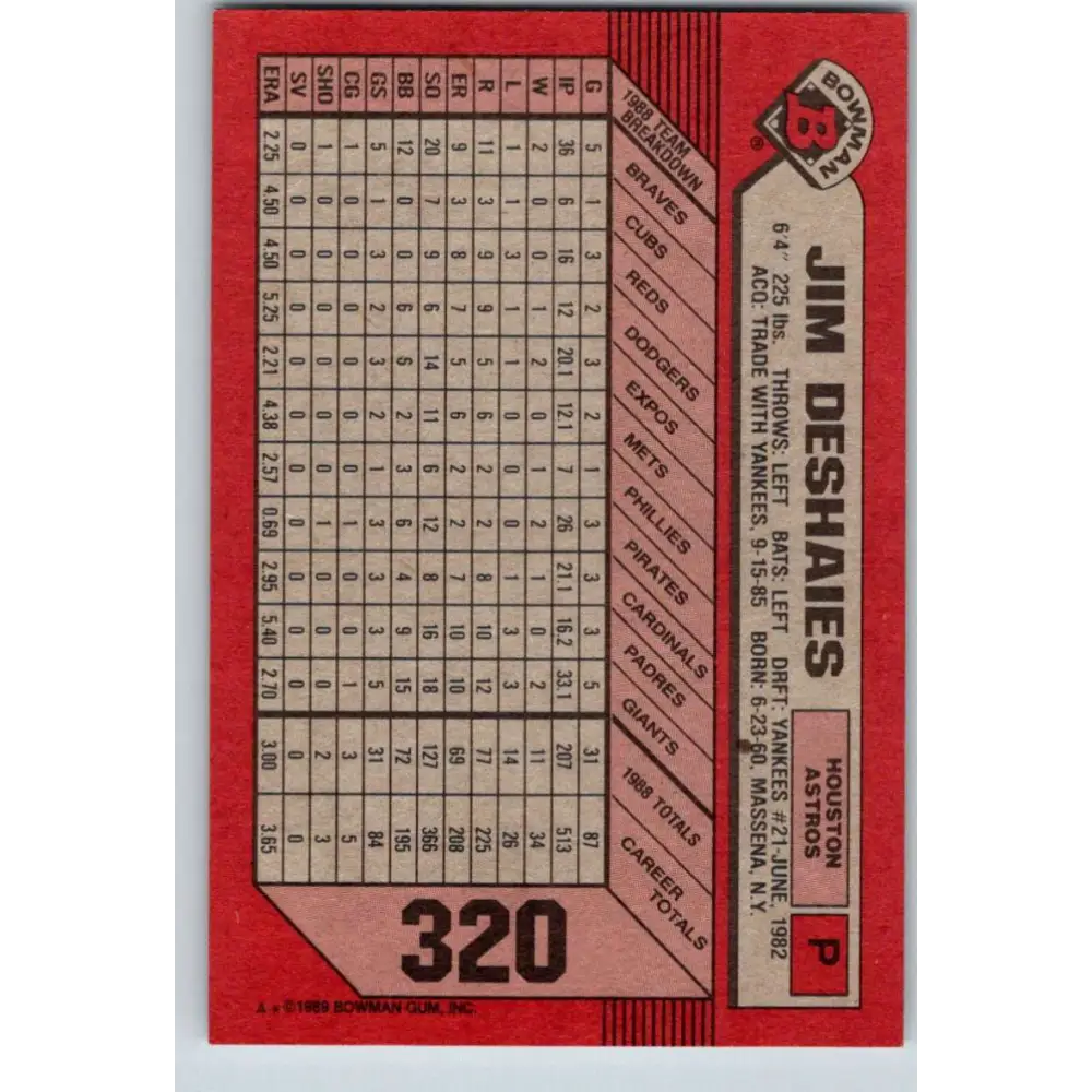 1989 Bowman #320 Jim Deshaies NM-MT Houston Astros Baseball Card Image 2