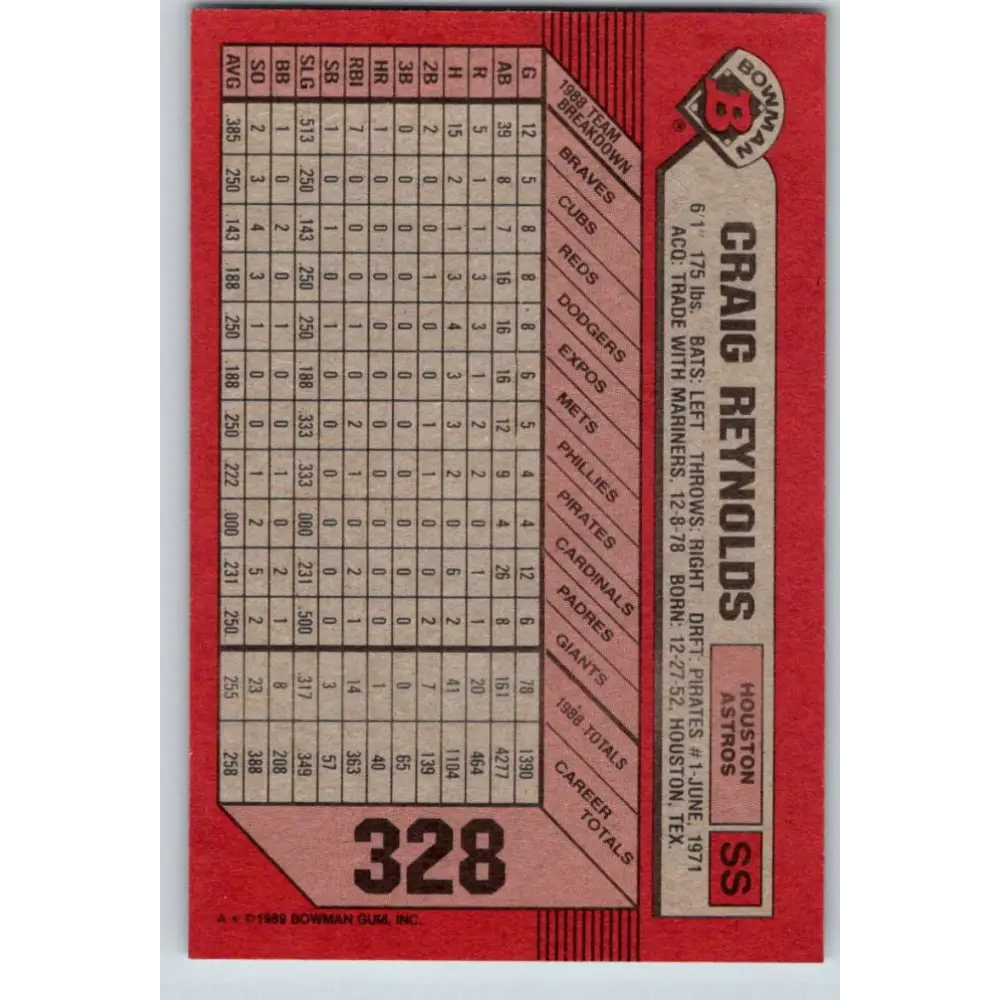 1989 Bowman #328 Craig Reynolds NM-MT Houston Astros Baseball Card Image 2