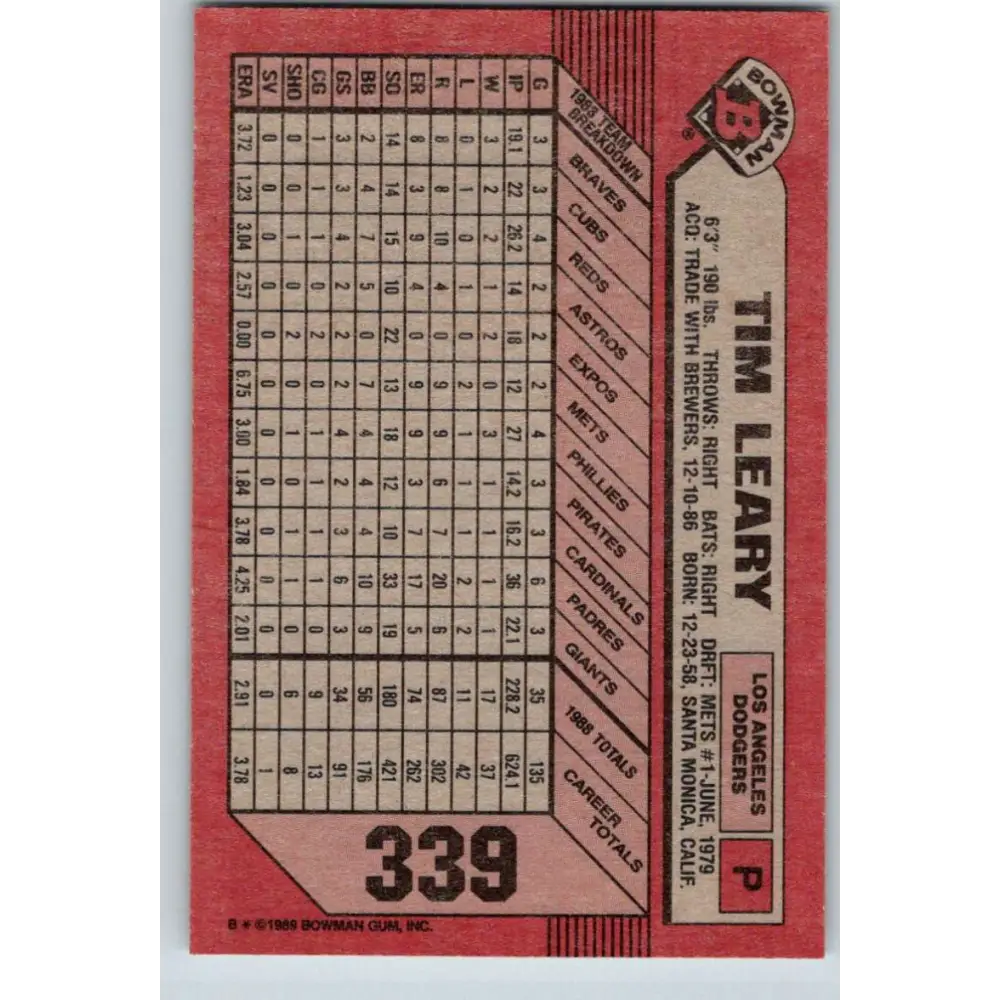 1989 Bowman #339 Tim Leary NM-MT Los Angeles Dodgers Baseball Card Image 2