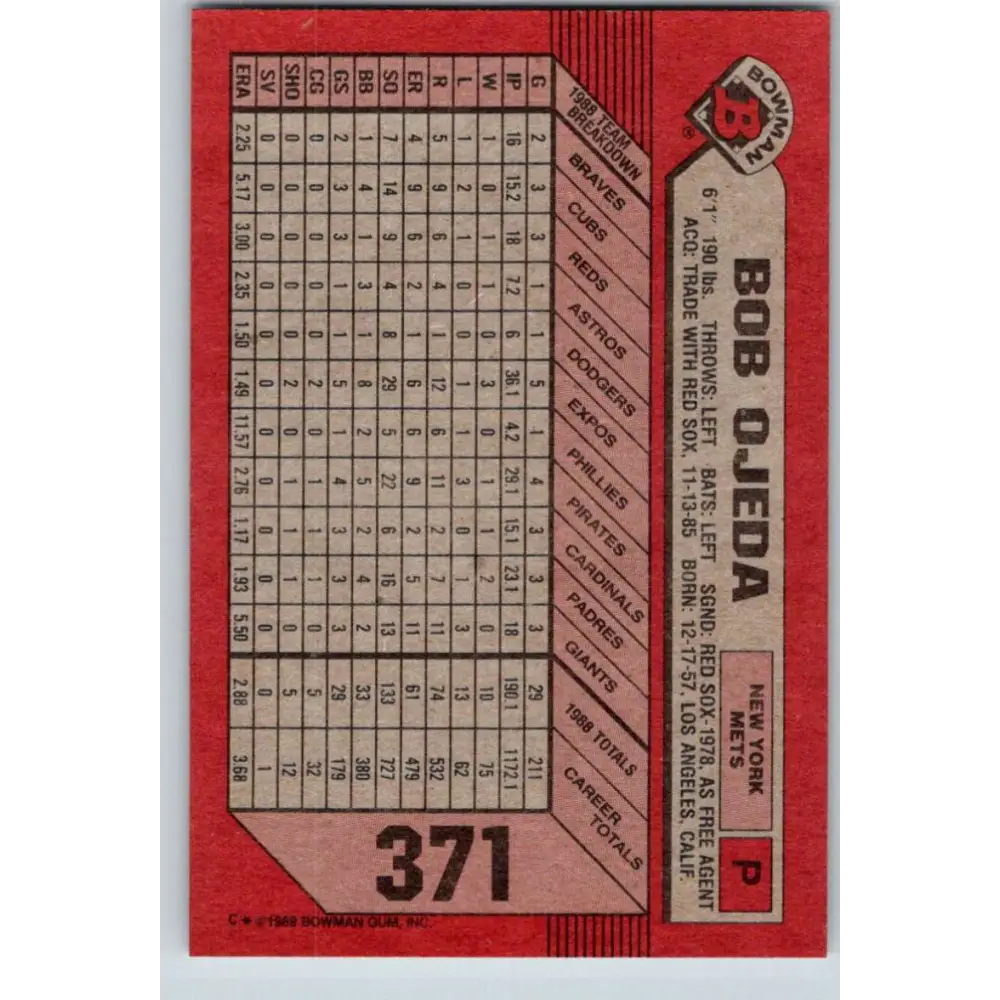 1989 Bowman #371 Bob Ojeda NM-MT New York Mets Baseball Card Image 2