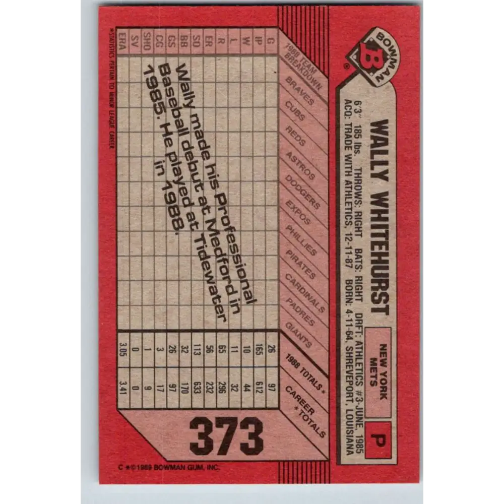 1989 Bowman #373 Wally Whitehurst NM-MT RC Rookie New York Mets Baseball Card Image 2
