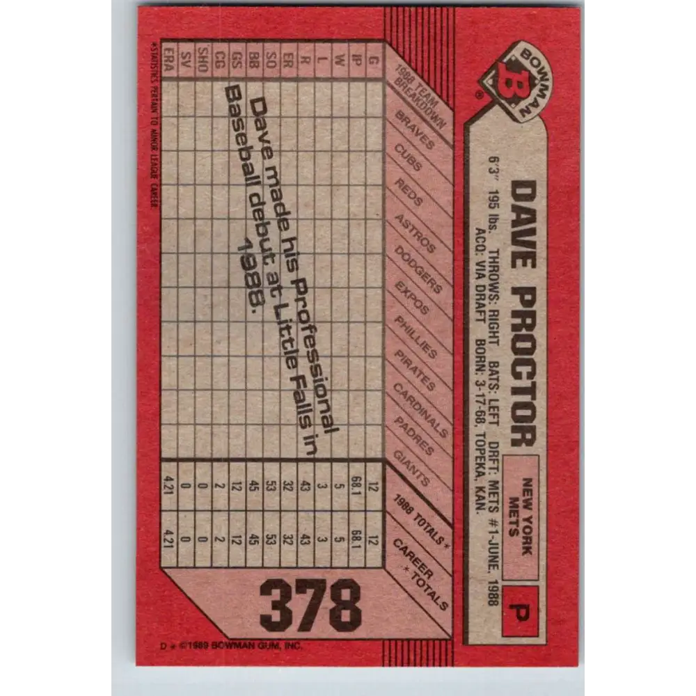 1989 Bowman #378 Dave Proctor NM-MT New York Mets Baseball Card Image 2