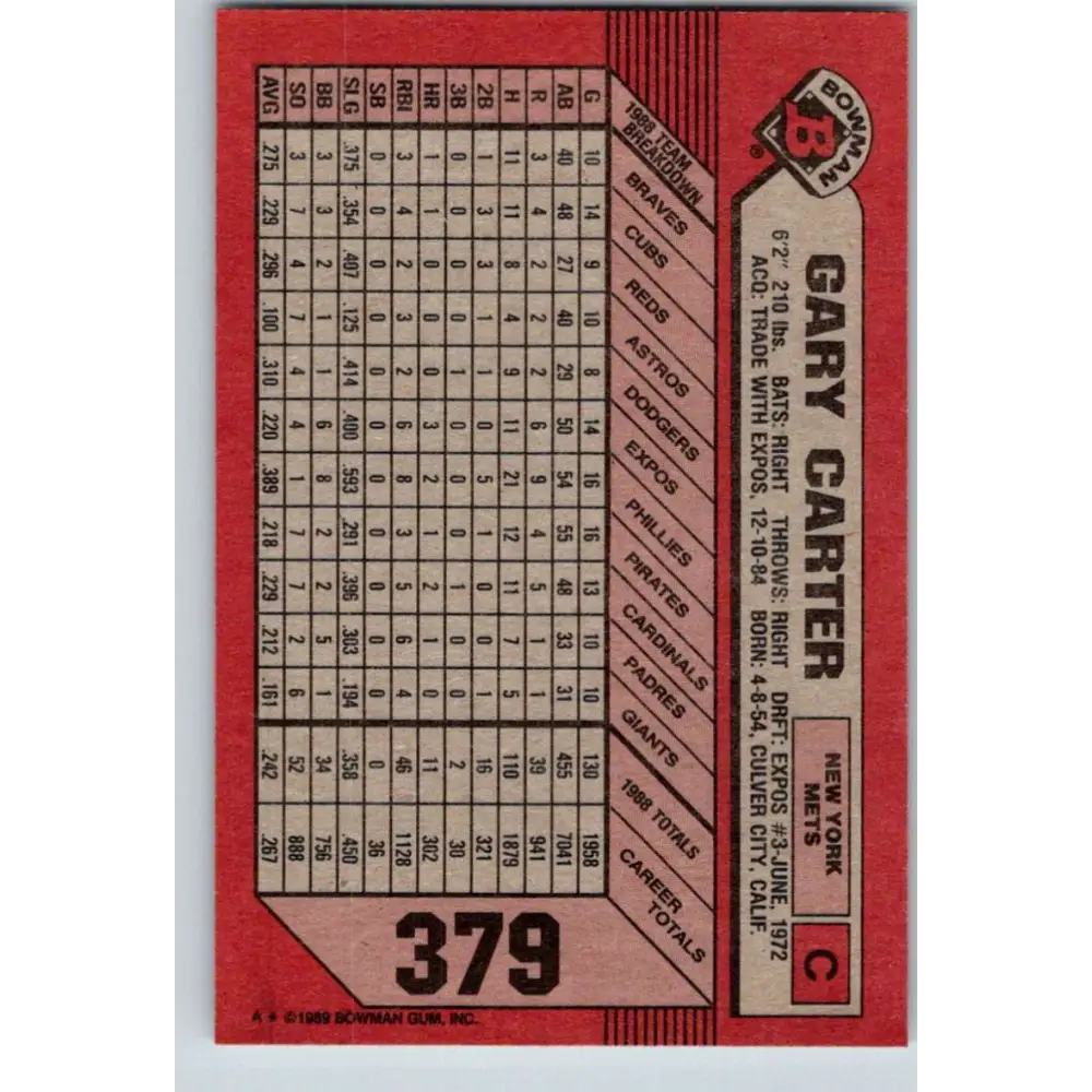 1989 Bowman #379 Gary Carter NM-MT New York Mets Baseball Card Image 2
