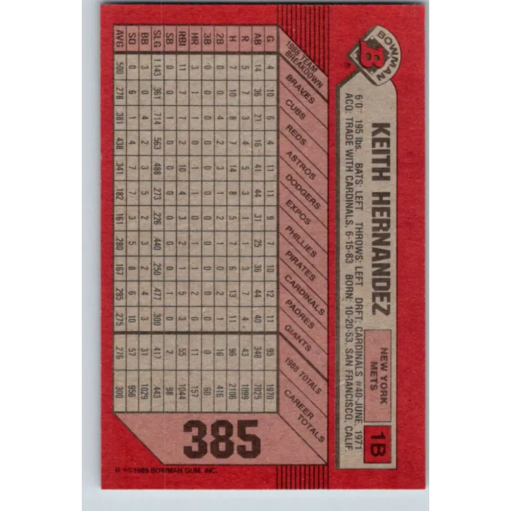 1989 Bowman #385 Keith Hernandez NM-MT New York Mets Baseball Card Image 2