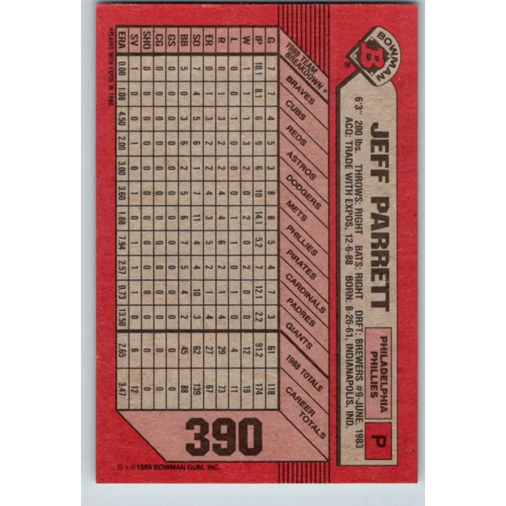 1989 Bowman #390 Jeff Parrett NM-MT Philadelphia Phillies Baseball Card Image 2