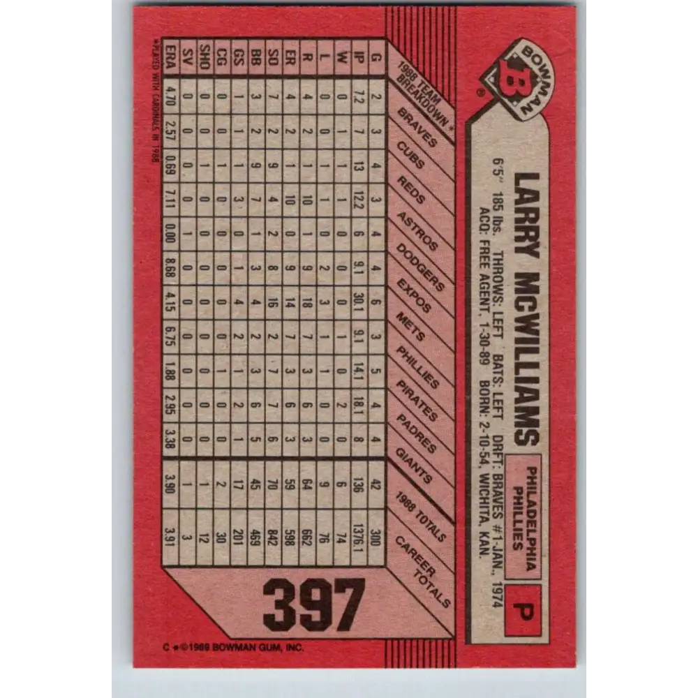 1989 Bowman #397 Larry McWilliams NM-MT Philadelphia Phillies Baseball Card Image 2