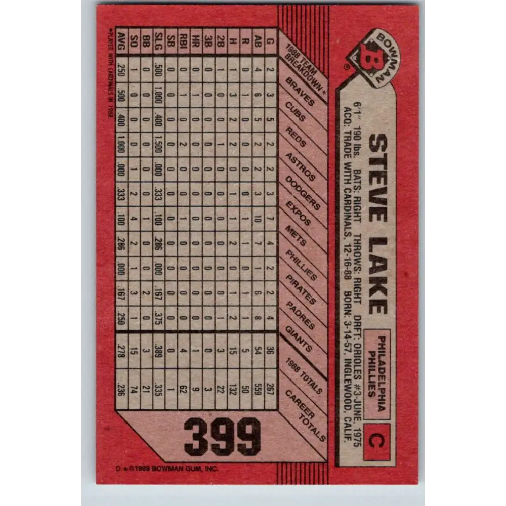 1989 Bowman #399 Steve Lake NM-MT Philadelphia Phillies Baseball Card Image 2