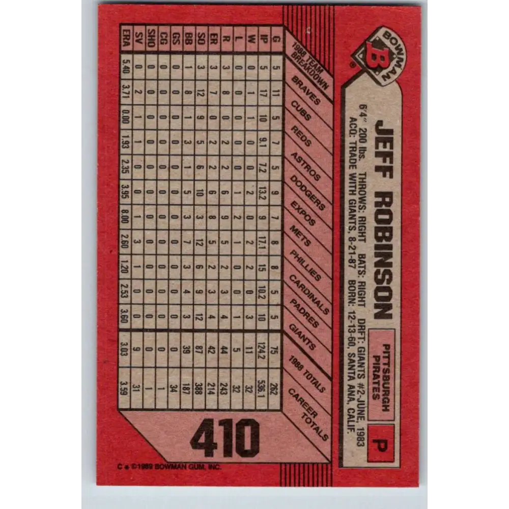 1989 Bowman #410 Jeff Robinson NM-MT Pittsburgh Pirates Baseball Card Image 2