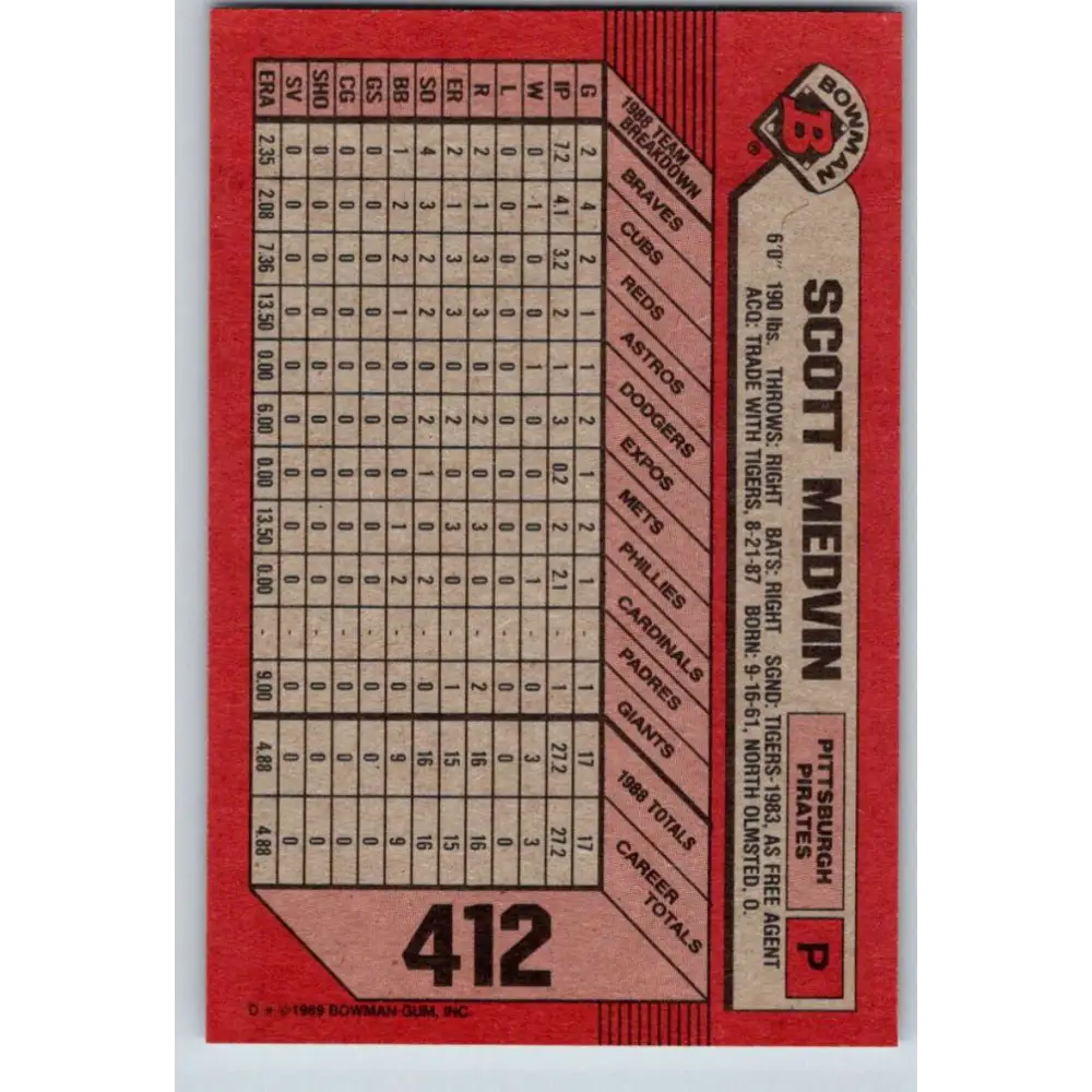 1989 Bowman #412 Scott Medvin NM-MT RC Rookie Pittsburgh Pirates Baseball Card Image 2