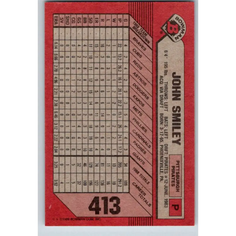 1989 Bowman #413 John Smiley NM-MT Pittsburgh Pirates Baseball Card Image 2