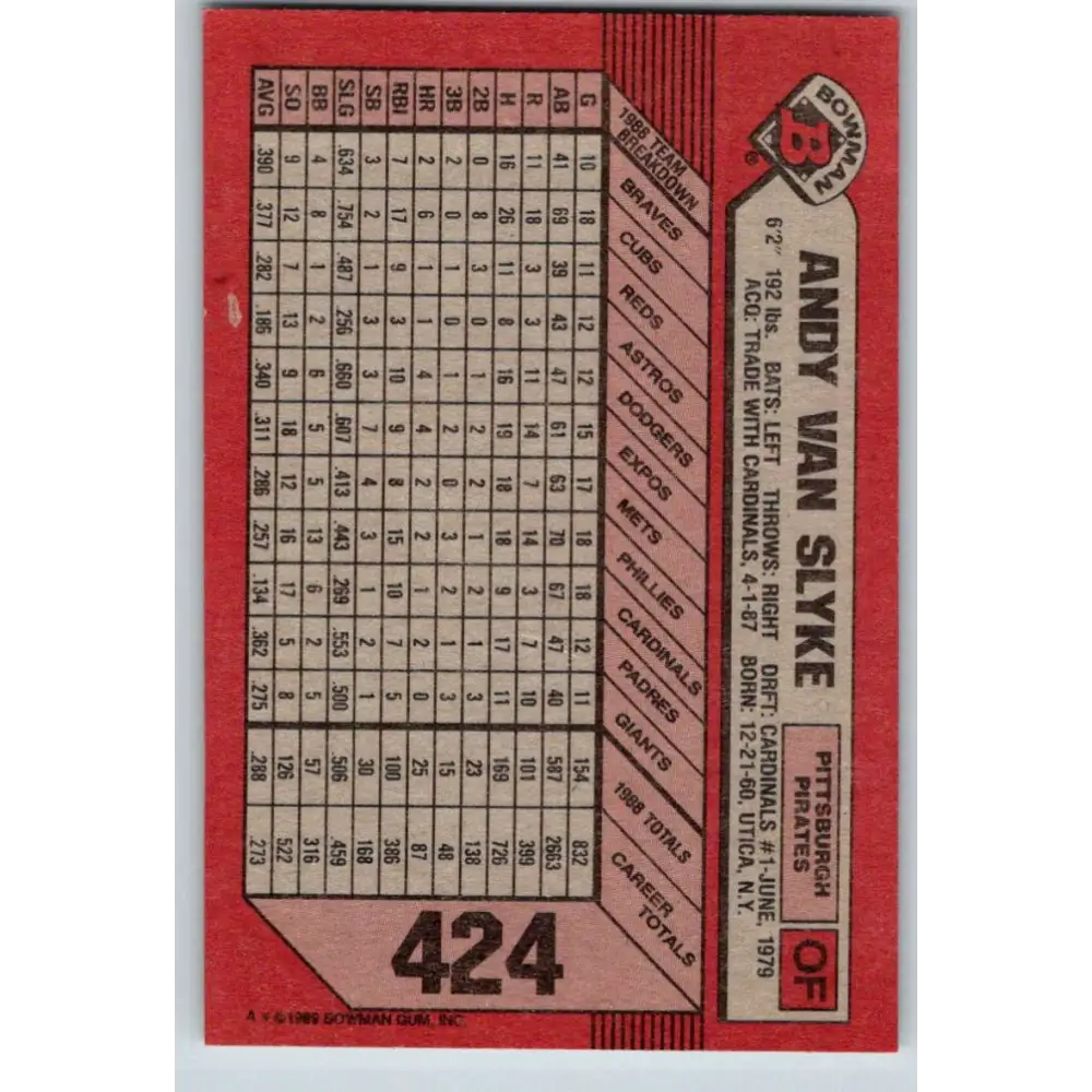1989 Bowman #424 Andy Van Slyke NM-MT Pittsburgh Pirates Baseball Card Image 2