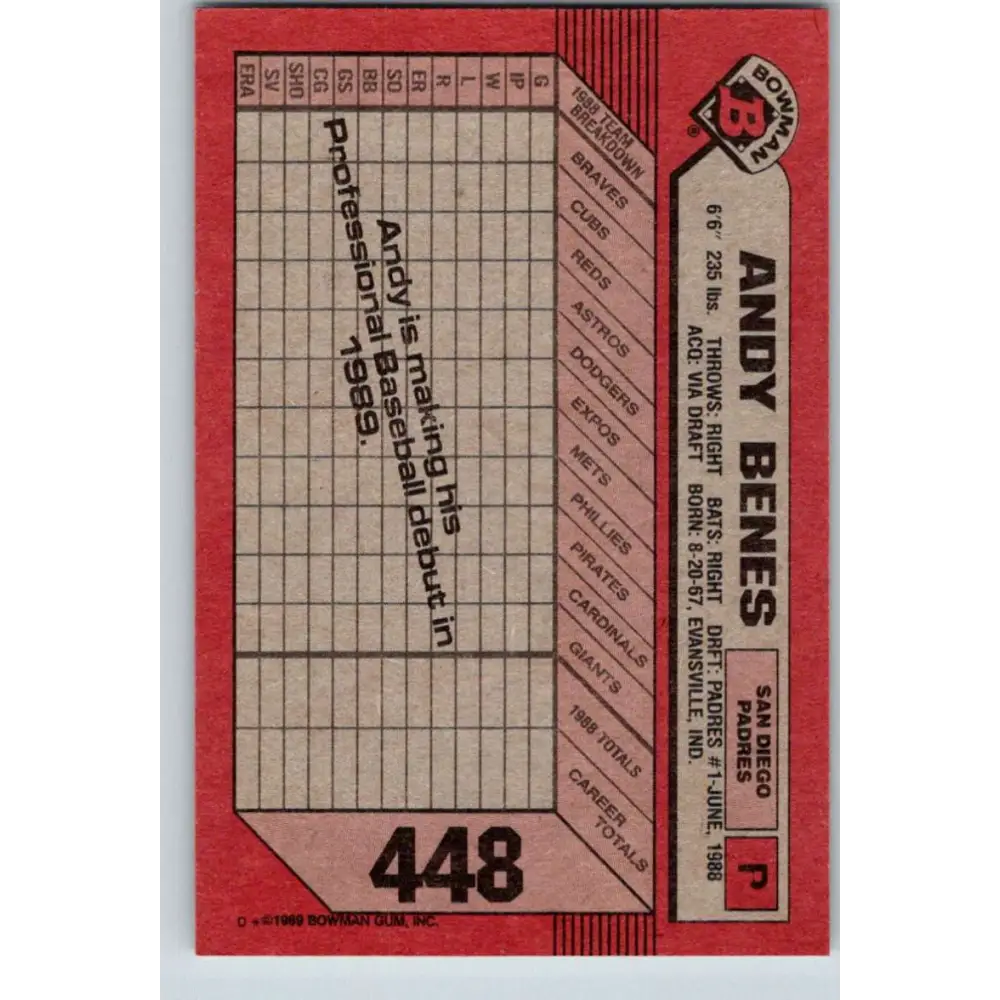 1989 Bowman #448 Andy Benes NM-MT RC Rookie San Diego Padres Baseball Card Image 2